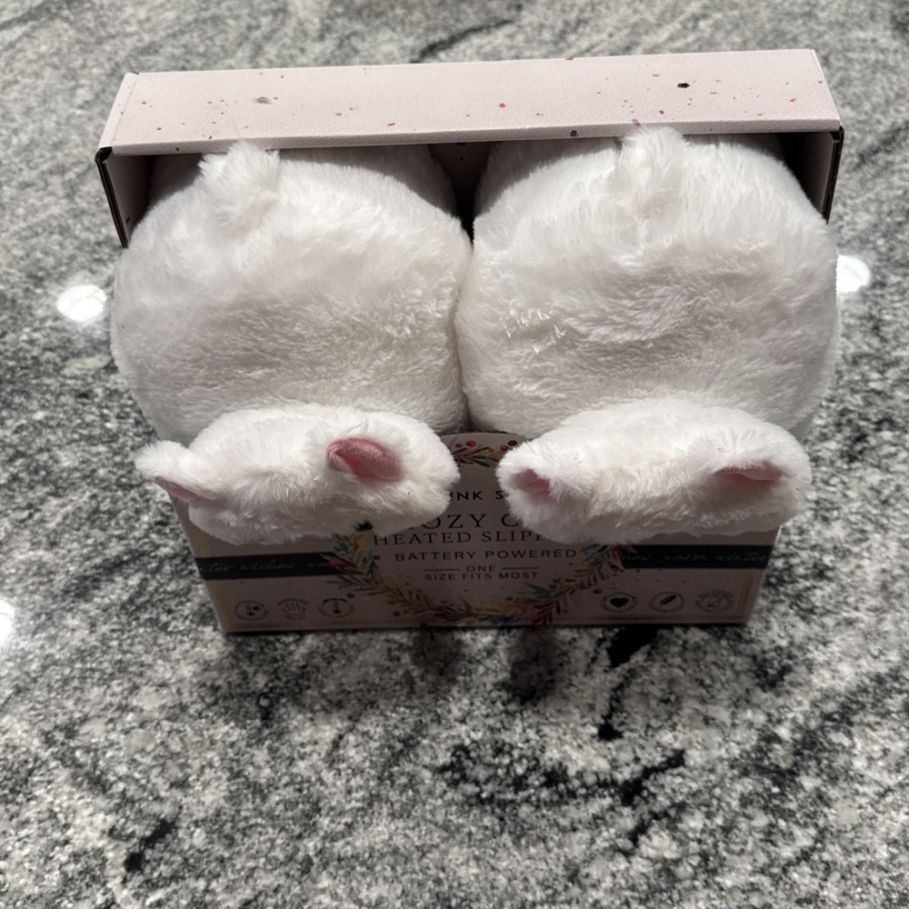 Pink Sky Cozy Cat Heated Slippers Battery Powered White New In Box - Picture 2 of 8